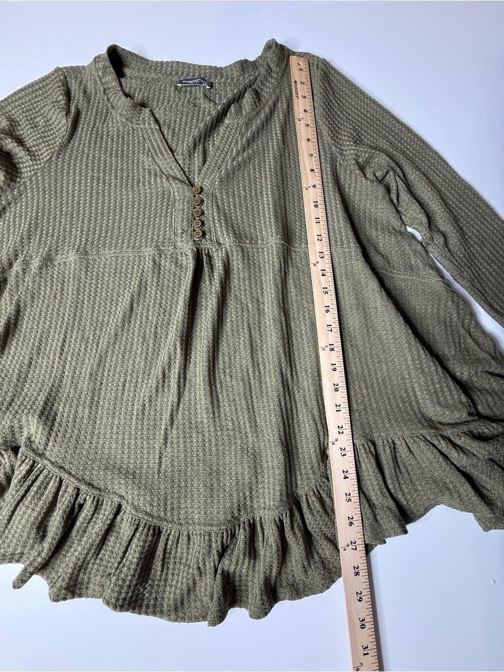 Plus Olive Green Ruffle Hem Henley Top - 740-741 - Picture 6 of 8